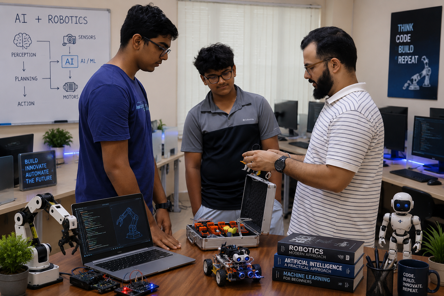 A mentor guiding two students through robotics and electronics components in an AI + Robotics lab