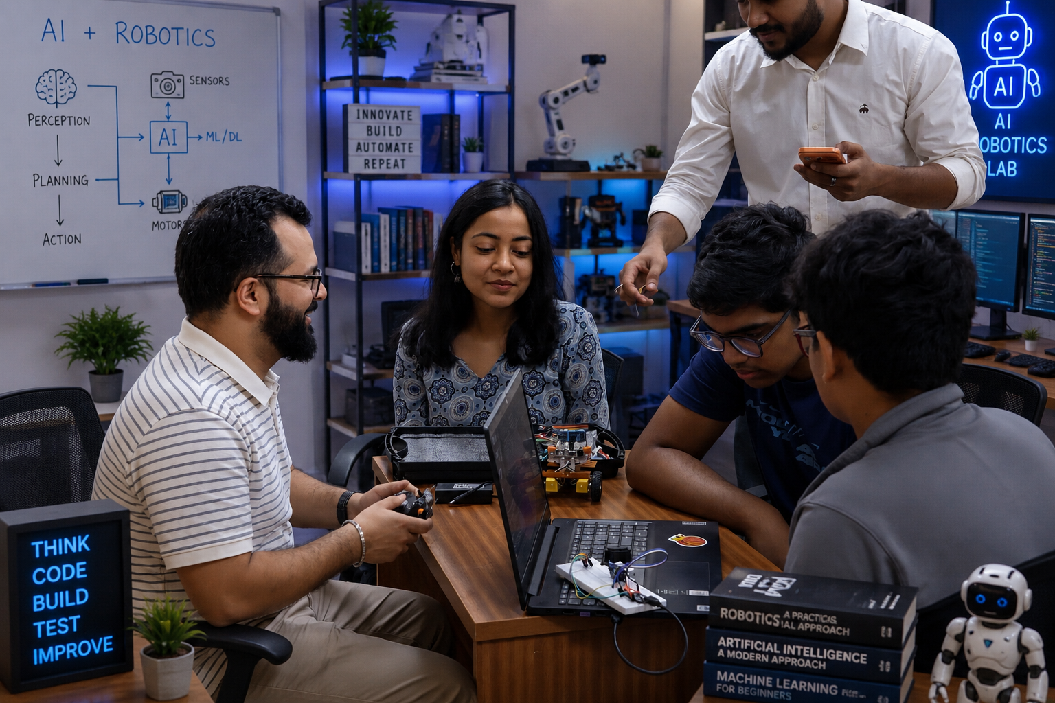 Students and mentors collaborating on an AI and robotics project around a lab workbench