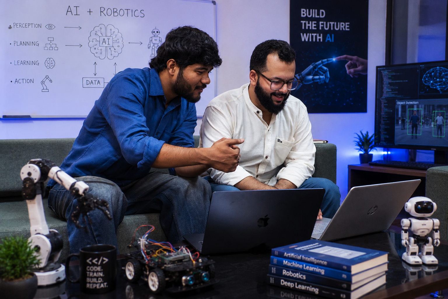 Mentor and learner working on AI and robotics projects in a lab