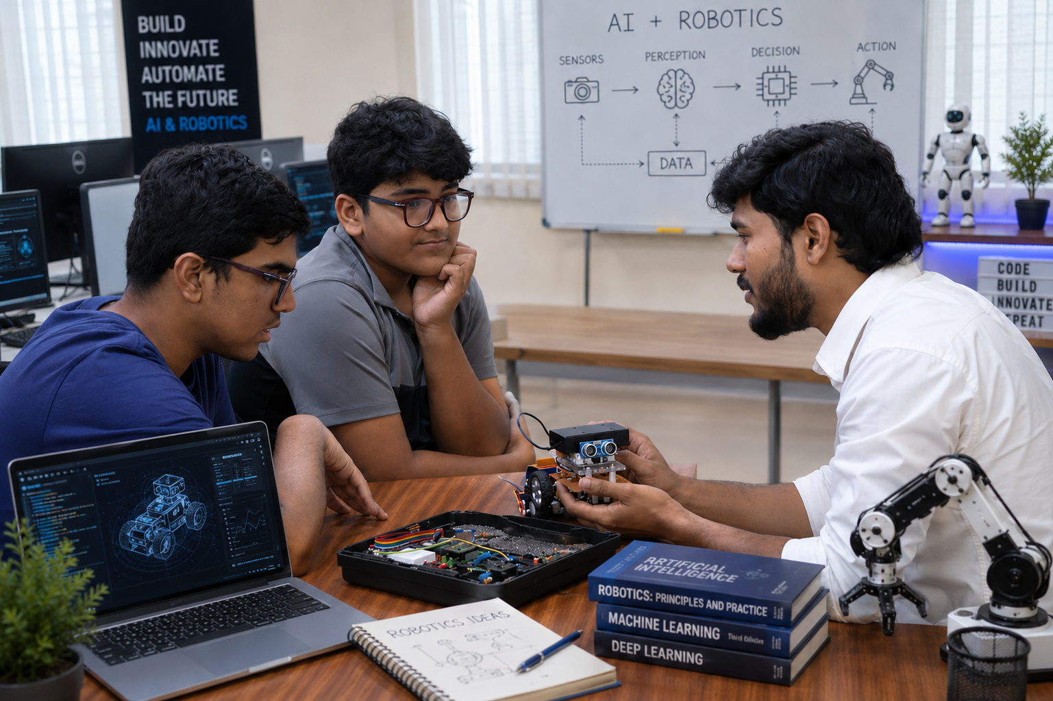 A mentor guiding students through an AI and robotics kit in a lab